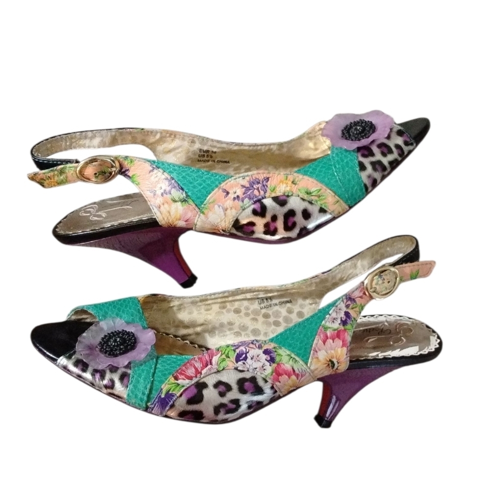 POETIC LICENSE Passion Fruit Tea Party Peep Toe Leather Sling Back Heels Sz 5.5